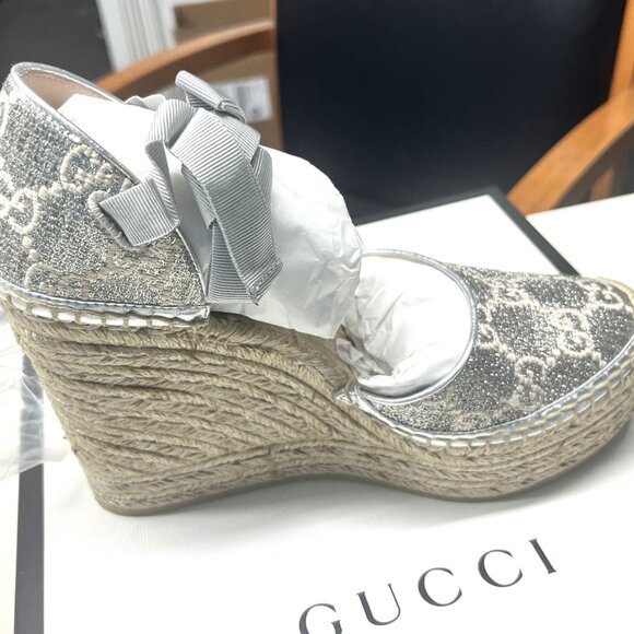 GUCCI SHOES HERITAGE PILAR LAME SILVER GG PLATFORM ESPADRILLE WEDGES 38.5 US 8 - Picture 13 of 16